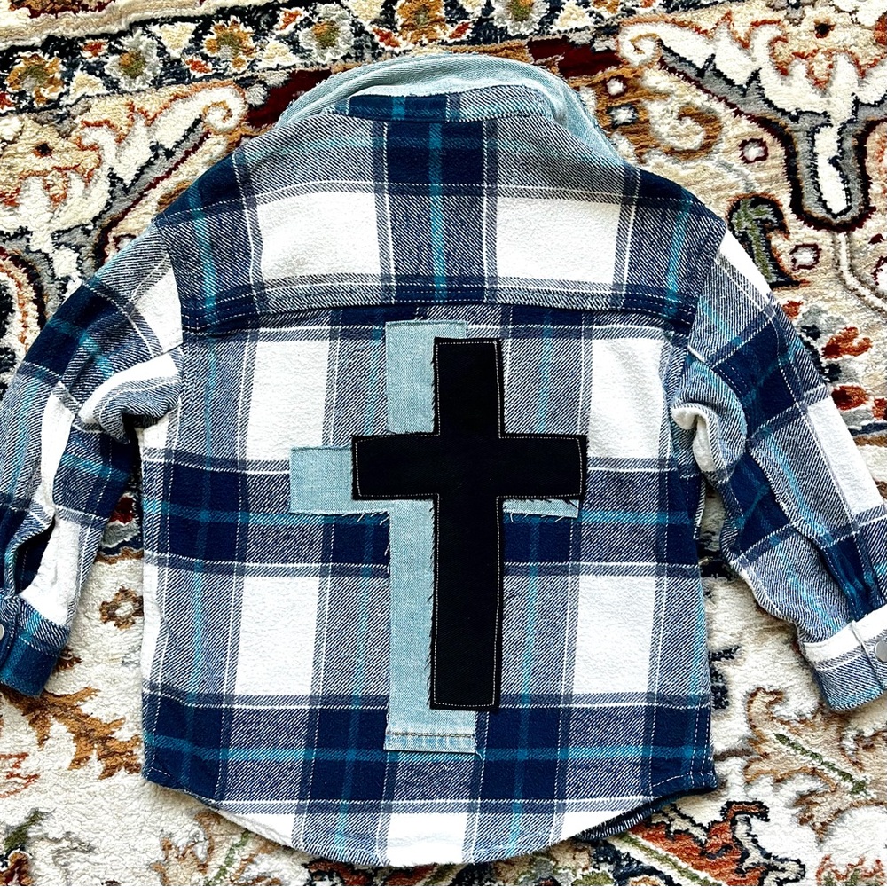 Upcycled Girls Plaid Flannel Cross & Studded Over Shirt Handmade Size XS 4/5